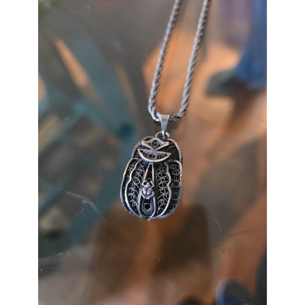 925 Silver Scarab Pendant, Egyptian Style, Antique Handmade Jewelry.